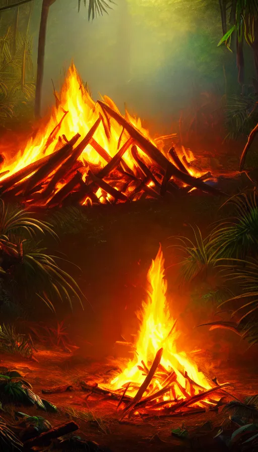 Prompt: highly detailed photo of bonfire in jungle, hyper realistic, art by greg rutsowski, concept art, 8 k detail post - processing