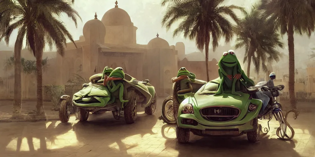 Image similar to kermit driving a car, wlop, moroccan city, mosque, palm trees, redneck country, style in digital painting, concept art, smooth illustration, by ruan jia and mandy jurgens and william - adolphe bouguereau, artgerm