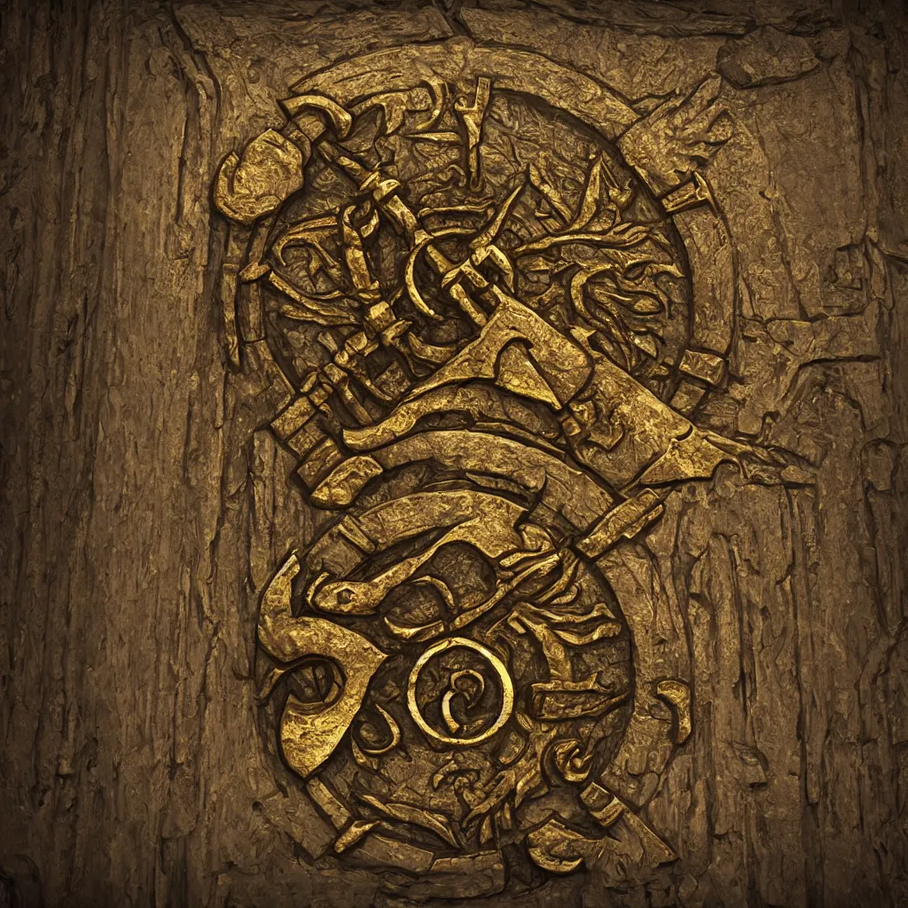 Image similar to symbol of a thieves guild on a secret door, embossed in gold, realistic, trending on artstation, unreal engine