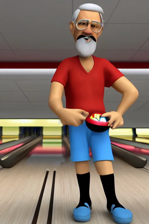 Image similar to a stylized 3 d old man character bowling, wearing short shorts, long socks and a bowlers shirt