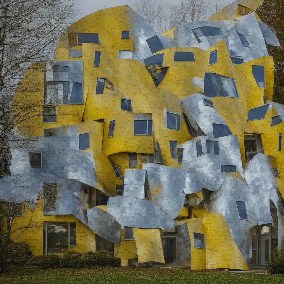 Image similar to a small house, designed by Frank Gehry. Big Tiles. Film grain, cinematic, yellow hue