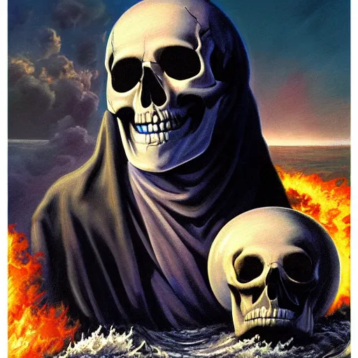 Prompt: ultrarealistic comic painting of a skull face Jesus Christ with the earth sphere in background, drowning into thermonuclear blast mushroom, praying for peace