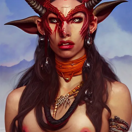 Image similar to portrait of a female berber tiefling with red skin, devil horns and black hair in a ponytail wearing a steel chestplate in a desert, fantasy, highly detailed, digital painting, artstation, concept art, character art, art by artgerm and greg rutkowski and alphonse mucha