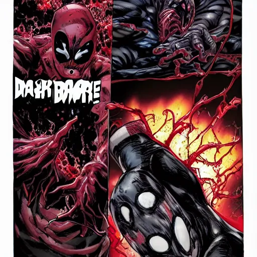Image similar to carnage symbiote fighting dead pool in new york on a dark and stormy night