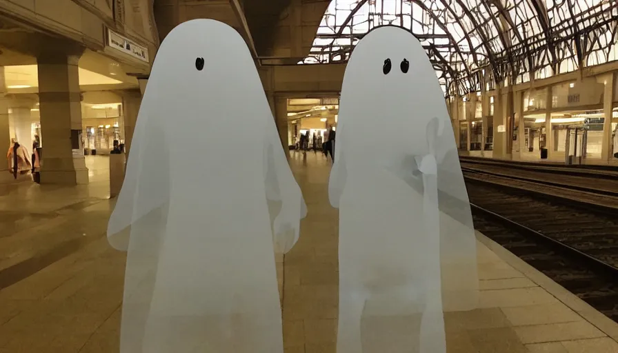 Prompt: a scary looking but very friendly transparent cartoon ghost at Chicago train station in the style of a ghibli movie