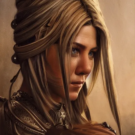 Prompt: portrait of jennifer aniston as amazon in an intricate dress by roberto ferri, fantasy, witcher, very detailed, masterpiece, 8 k