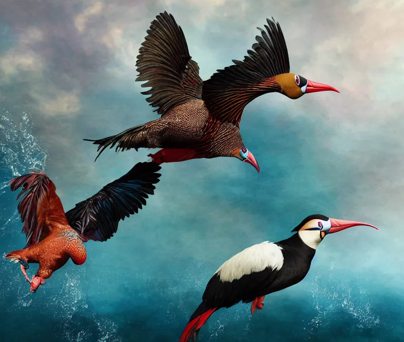 Image similar to a realistic photo of a semi - translucent bird water creature in action, feathers exotic morphing hoopoe, pheasant merged sky animal, atlantic puffin, turaco morphing chicken, water sea lake underwater, clear, global illumination, refraction, king vulture head, displacement map, bump map, normal map