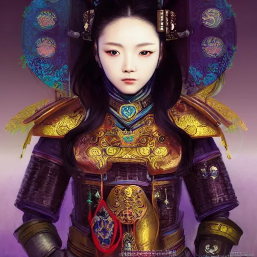 Image similar to beautiful and divine and holy and elite and colorlpunk three kingdom chinese female armor knight portrait like twice tzuyu+shinnyy eyes+front face with light flowing hair, ultradetail face, art and illustration by tian zi and craig mullins and WLOP and alphonse mucha, fantasy, intricate complexity, human structure, human anatomy, fantasy character concept, watermark, blurry, hyperrealism 8k