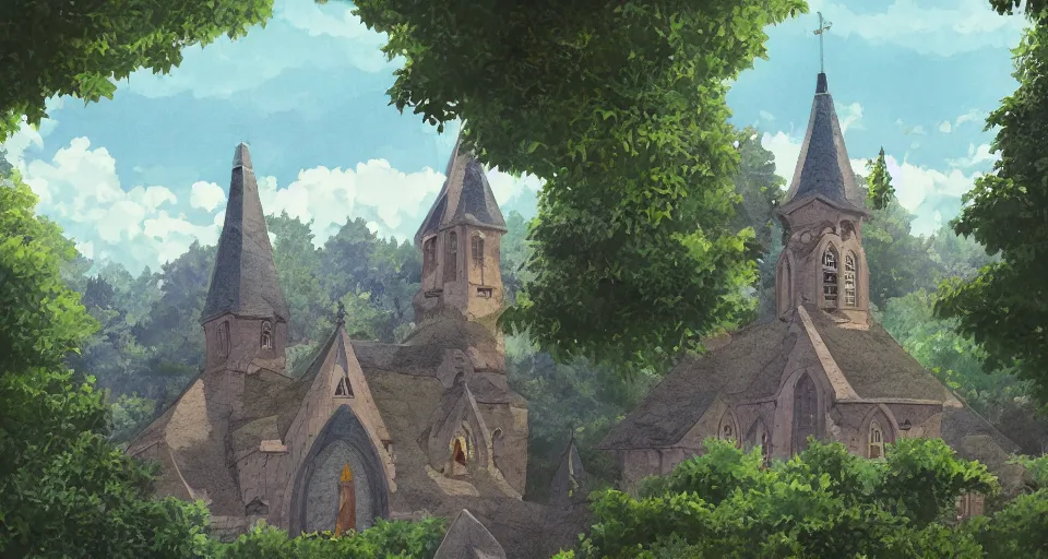 Prompt: view of a catholic church on a forested mountain, in the style of studio ghibli, distant, detailed, artstation, award winning painting