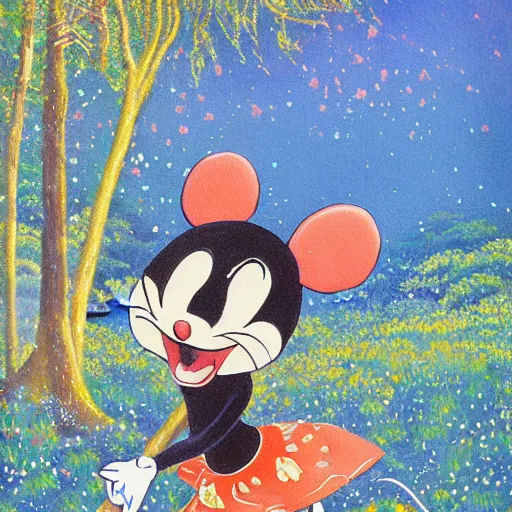 Prompt: a painting of a princess mouse dancing in the forest with blue sky by yoshida hiroshi