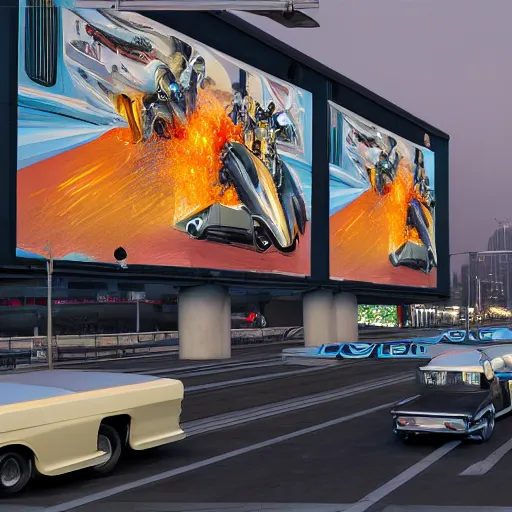 Prompt: sci-fi cars trucks motorcycles 50% of canvas in center and wall near structure on the coronation of napoleon painting and digital billboard in the middle and everything in style of zaha hadid and suprematism forms unreal engine 5 keyshot octane artstation trending bladerunner 2049 colors lighting ultra high detail ultra photo realistic 8k 16k in plastic dark tilt shift