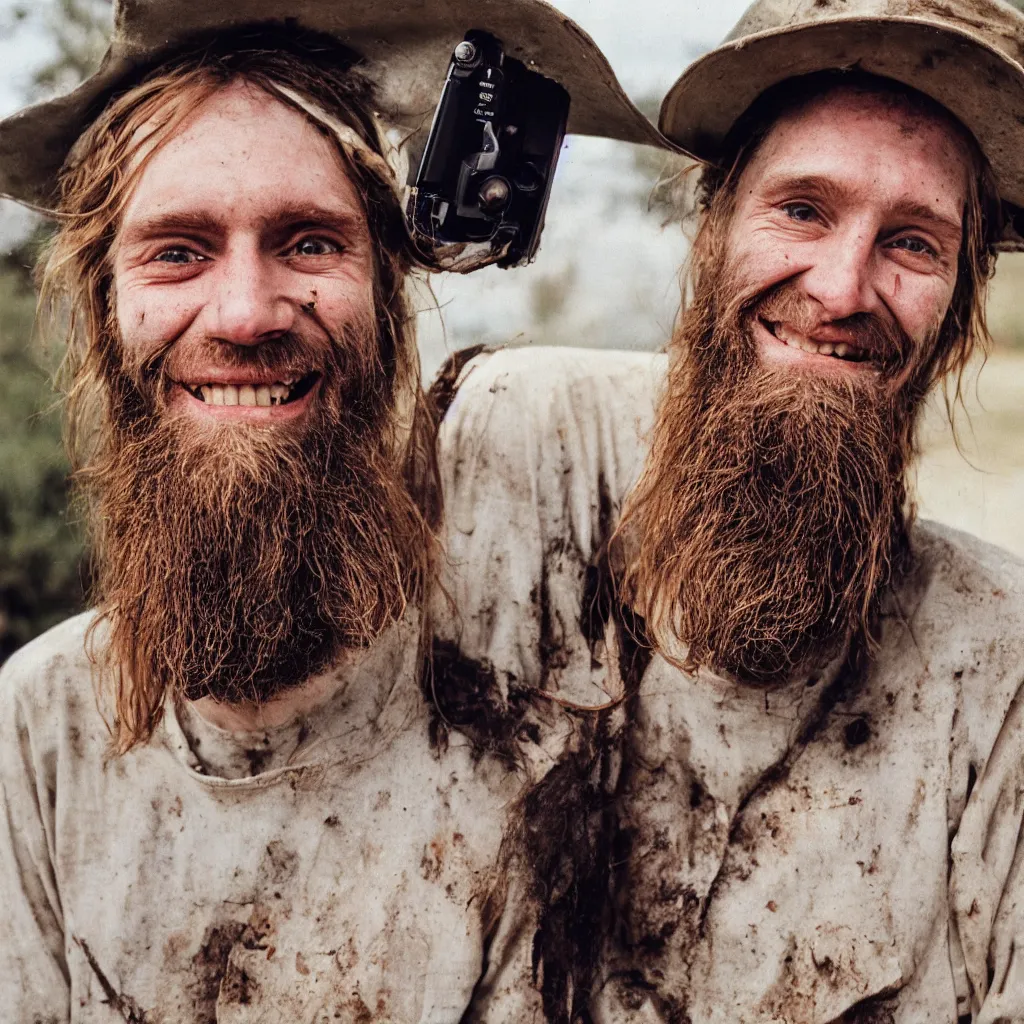 Image similar to extremely skinny malnourished redneck white male with long beard, wearing dirty overalls, dirty greasy face, grin, portrait, close up, kodak gold 2 0 0, 5 0 mm,