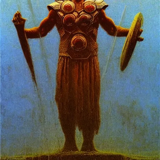 Prompt: thor, god of thunder, art by beksinski