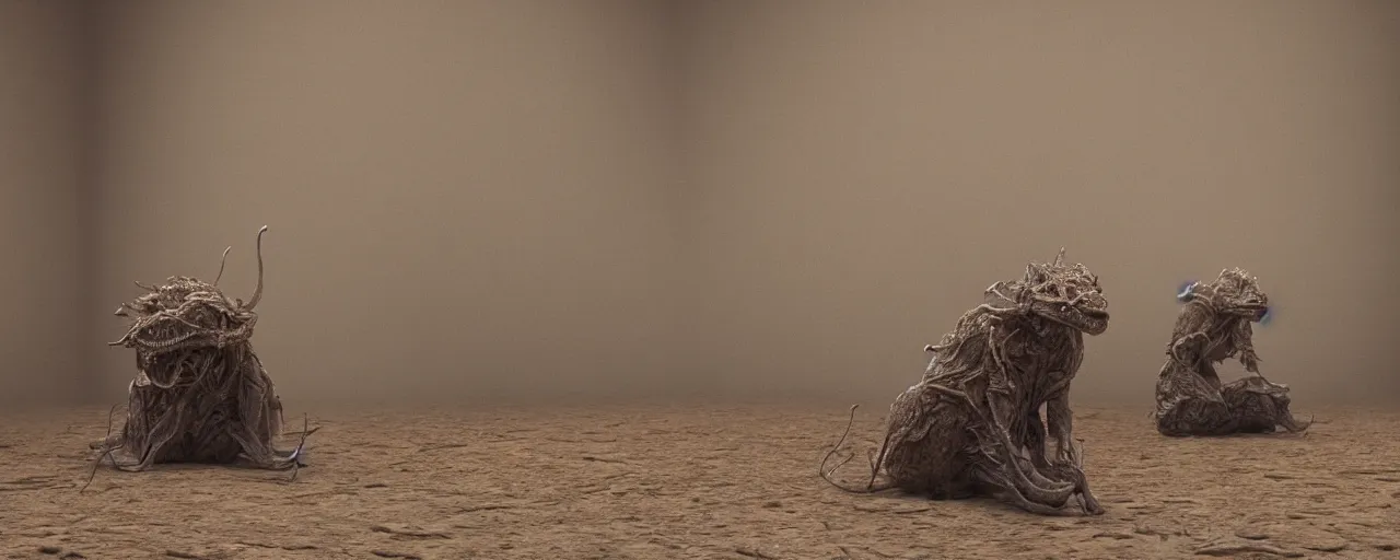 Image similar to a strange creature sits in the home room, film still from the movie directed by Denis Villeneuve with art direction by Zdzisław Beksiński, close up, telephoto lens, shallow depth of field, beautiful detailed intricate insanely detailed octane render, 8K artistic photography, photorealistic