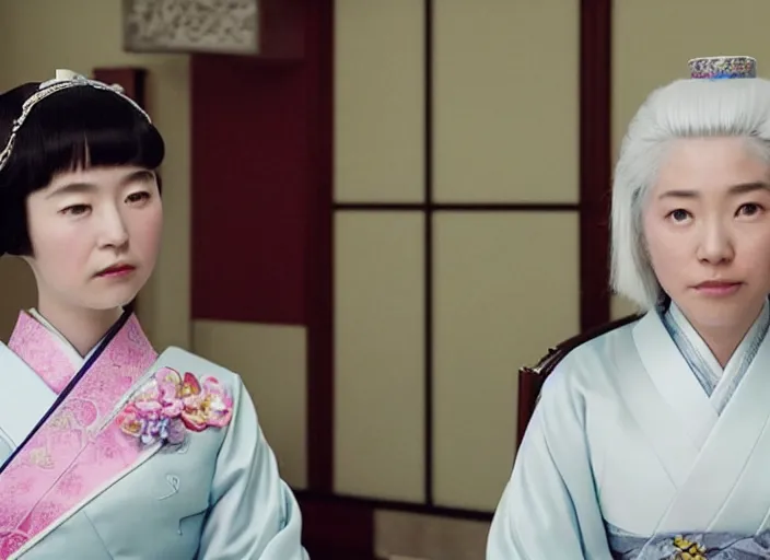 Image similar to a film still of a japanese princess young lady called kamisato ayaka, with white hair and bangs!!!! in the grand budapest hotel ( 2 0 1 4 )