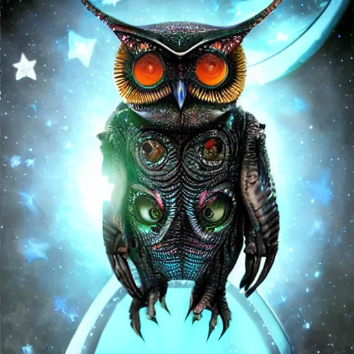 Image similar to alien owl, alien warrior, magic, stars, highly detailed, realistic, 8 k