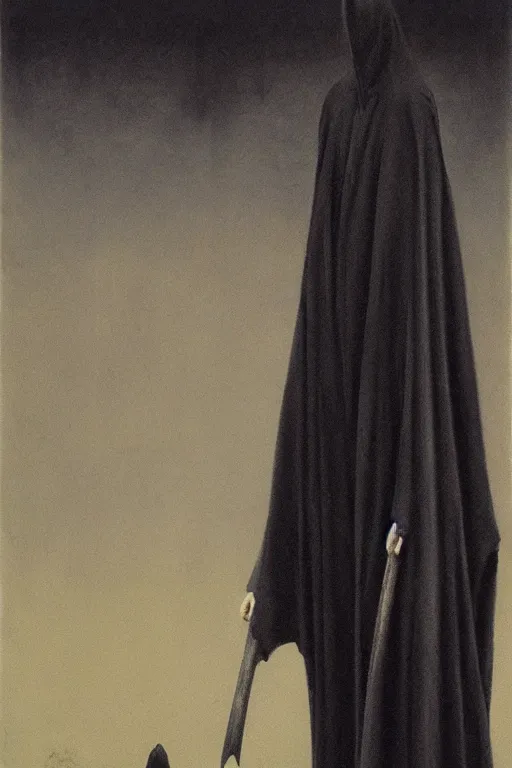 Image similar to a vampire wearing a long black robe with large bat ears huge black eyes and gray skin, character art, painting by zdzisław beksinski