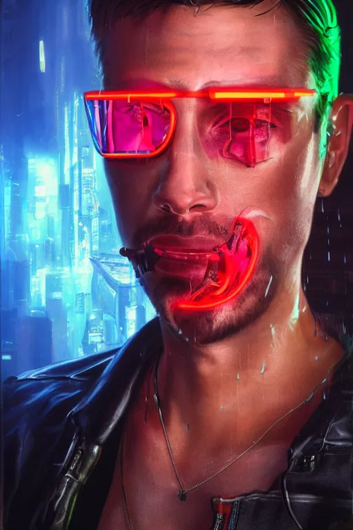 Image similar to detailed portrait of a cyberpunk male with face augmentations, strong neon lighting, raining, mysterious, mirror shades, by glenn fabry, hyper realistic, HD, oil on canvas