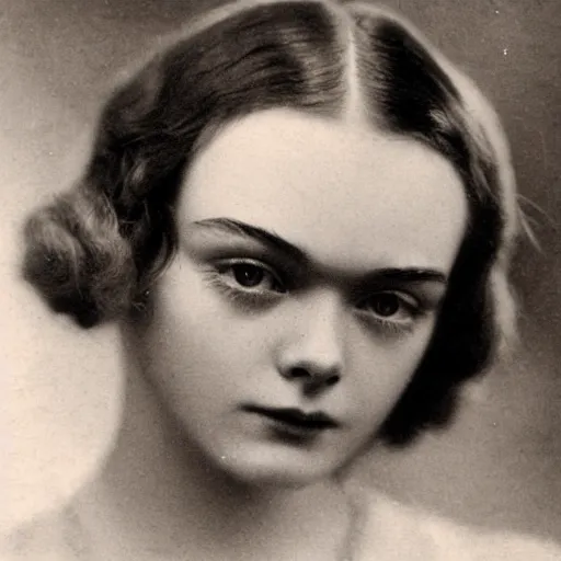 Image similar to headshot edwardian photograph of middle - aged elle fanning, 1 9 2 0 s film actress, realistic face, 1 9 3 0 s, grainy, victorian, detailed, slightly blurry