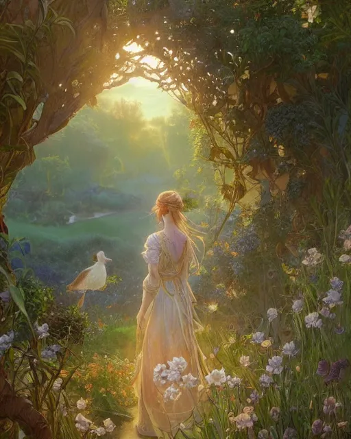 Image similar to the shire at sun rise with birds, highly detailed, gold filigree, romantic storybook fantasy, soft cinematic lighting, award, disney concept art watercolor illustration by mandy jurgens and alphonse mucha and alena aenami, pastel color palette, featured on artstation