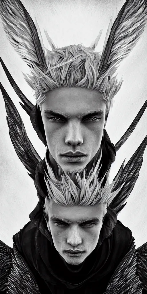 Image similar to full body image of a symmetric detailed terrifying male - angel with white hair with detailed white wings flying in black smoke, ultra realistic, epic, highly detailed, hd, sharp focus, cinematic lighting, realistic, vivid colors, gritty, matt painting, digital art, non blurry, sharp, artstation, concept art, smooth, illustration.