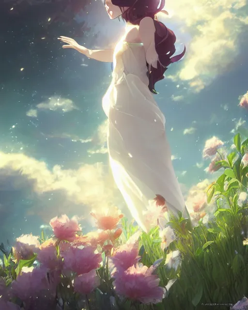 Image similar to goddess of flowers, full shot, perfectly shaded body, atmospheric lighting, detailed face, by makoto shinkai, stanley artgerm lau, wlop, rossdraws