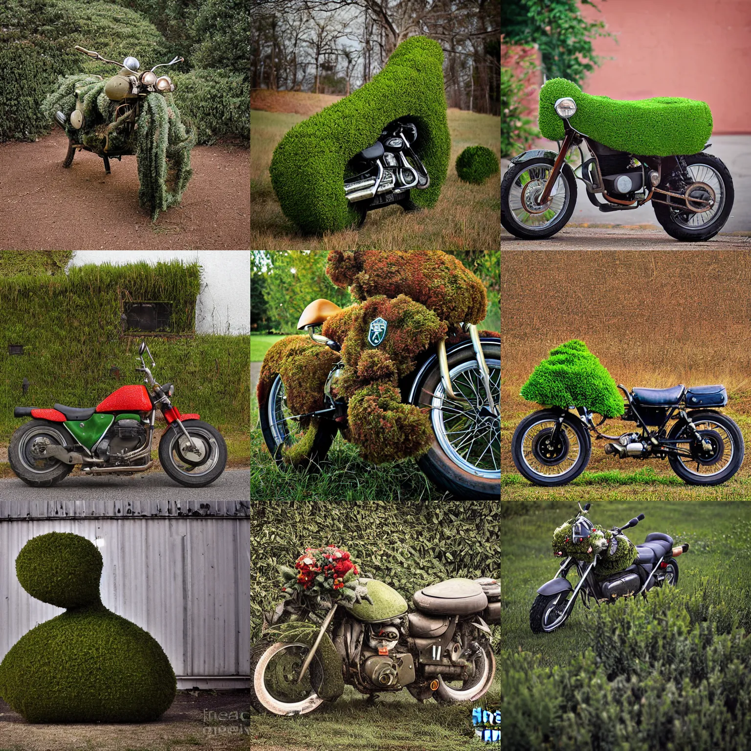 Prompt: a bush in the shape of a (motorbike), photograph