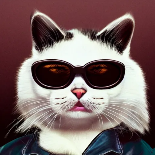 Prompt: Portait of a Kawaii Cat wearing sunglasses and a leather jacket, in GTA V, close up view, cover art by Stephen Bliss.