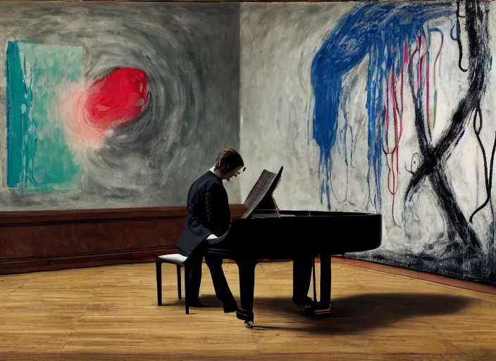 Prompt: piano player in suit waiting, vincent lefevre and hernan bas and pat steir and hilma af klint, psychological, photorealistic, dripping paint, washy brush, rendered in octane, altermodern, masterpiece