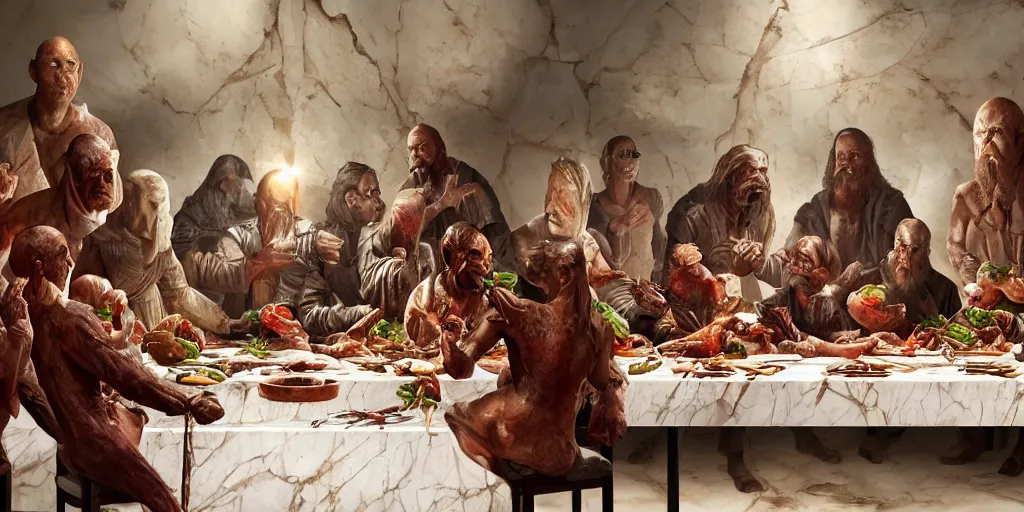Prompt: !13 hungry cannibals making a rich salad around a marble table, !positioned as last supper cinematic lighting, dramatic framing, idilic, fantasy, highly detalied, 4k, artstation, by Wayne Barlowe