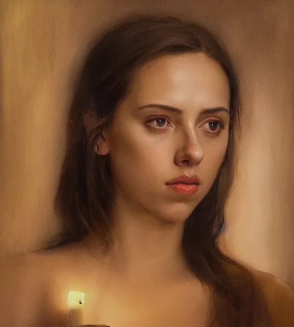 Prompt: a portrait oil painting of a very young woman resembling a shy scarlett johansson and ana de armas and alicia vikander, her face lit from below by a candle, detailed, beautiful, shadowy, with lovely curves, by rembrandt