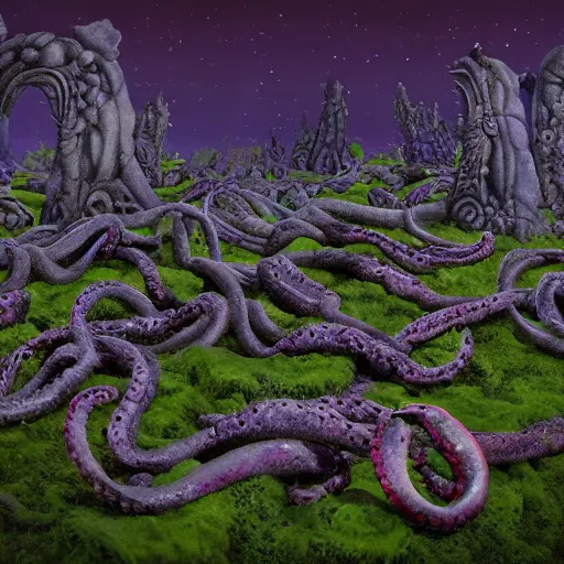 Image similar to voidless of the festival!, The Graveyard, blood moon tentacles!!, outsider art!!!, The ego separates by Wojciech Siudmak!!!!, large group of crabs and worms, crawling along a bed of moss, low poly, creeper world, handcrafted, artstation, hyperrealistic, hard light, best practices, creeptastic, photorealism, macro perspective, cuddly