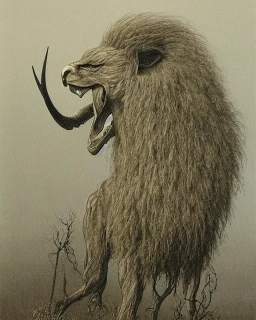 Image similar to a creature with the body and eyes of a man, with the beak of an eagle, the mane of a lion, and the horns of an ox. drawn by zdzislaw beksinski