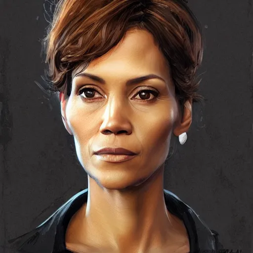 Image similar to portrait of maci holloway, first woman elected as president in usa, cold but beautiful, about 3 5 years old, highly detailed, mix of halle berry and julia roberts, gong li, olga kurylenko, artstation hd, deviantart, by artgem, greg rutkowski