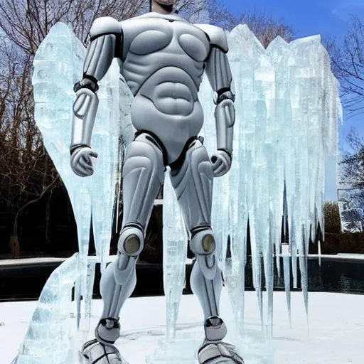 Image similar to made of ice, a realistic detailed photo of a guy who is an attractive humanoid who is half robot and half humanoid, who is a male android, on display, blank stare, showing off his muscles, shiny skin, posing like a statue, by the pool, frozen ice statue, twitch streamer / gamer ludwig, humanoid robot