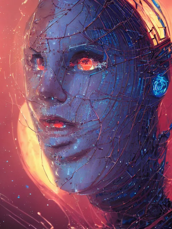 Prompt: closeup portrait of a transparent cyborg beautiful girl android, shattered glass, glow, cinematic light, backlight glow, red sky blue, mist, by mikhail vrubel, by philippe druillet, by peter elson, by gerald brom, muted colors, ( ( extreme detail ) ), trending on artstation, 8 k