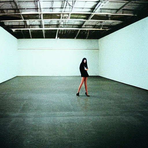 Prompt: empty warehouse room with a lone fashionable mannequin girlfriend in front of the camera cinestill 7 0's film
