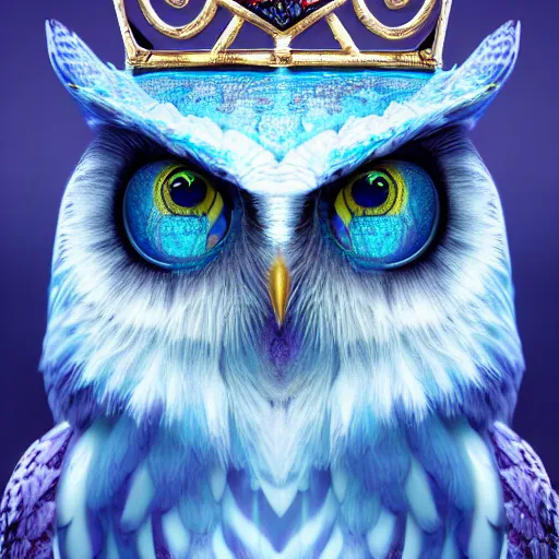 Prompt: magical owl, charactor, big blue eyes, with a diamond crown on his head, hyper detailed, stylistic, symmetrical, 3 d render, photorealitic, 8 k, octane render