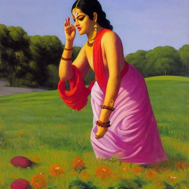 Image similar to hindu goddess kaali in distance looking at you in beautiful meadow of flower, detailed painting by edward hopper