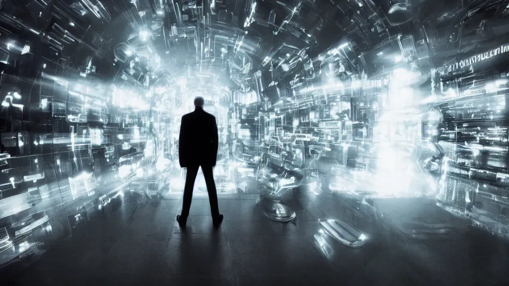 Prompt: movie scene of a man standing in front of a multiverse machine, movie still, cinematic composition, cinematic light, by andrzej zuławski