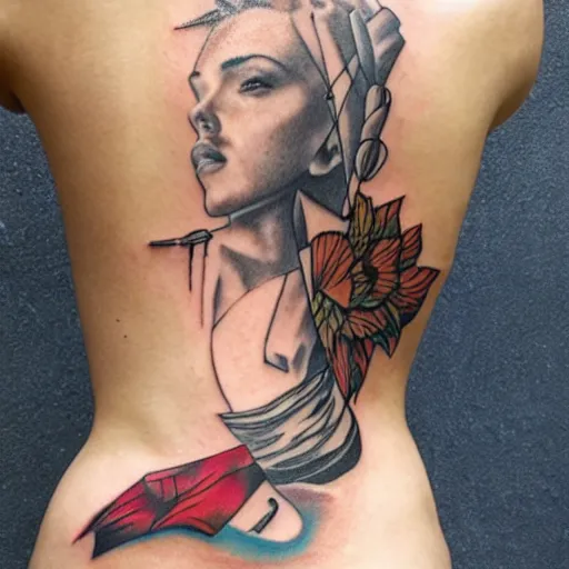 Prompt: tattoo of Scarlett Johansson, by Loish, back tattoo