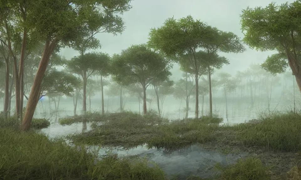 Prompt: A forested marsh by the sea, a salt marsh trending on artstation deviantart reddit