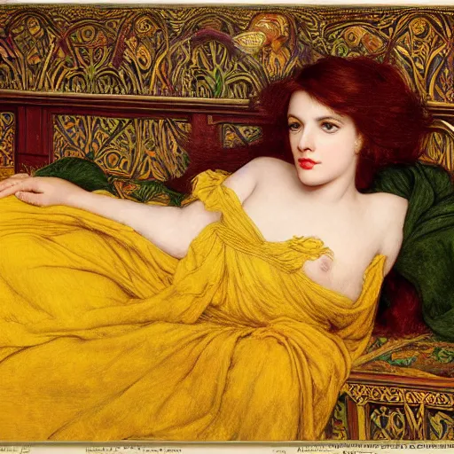 Image similar to preraphaelite photography reclining on bed, a hybrid of judy garland and a hybrid of lady gaga and lucy hale, aged 2 5, big brown fringe, wide shot, yellow ochre ornate medieval dress, john william waterhouse, kilian eng, rosetti, john everett millais, william holman hunt, william morris, 4 k