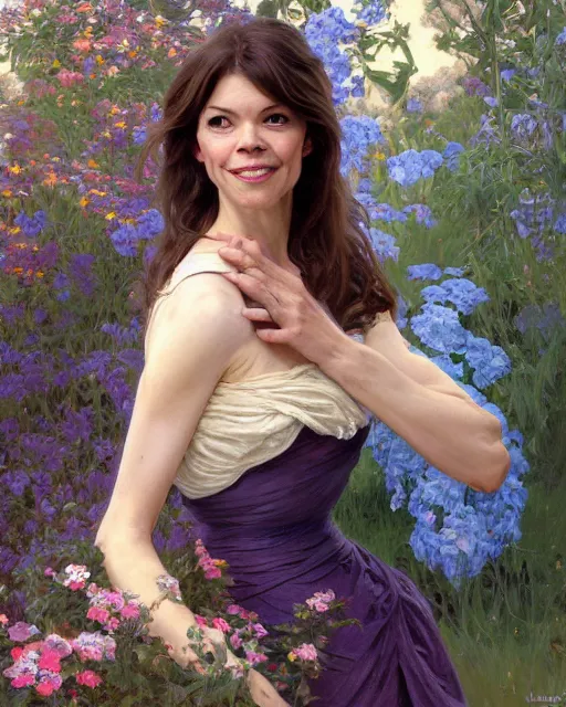 Prompt: a portrait painting of nicole de boer / maren jansen / sabrina lloyd hybrid oil painting, gentle expression, smiling, elegant clothing, scenic background, extremely detailed and lifelike, artgerm, greg rutkowski, alphonse mucha, vladimir volegov, adolphe bouguereaum, greg hildebrandt