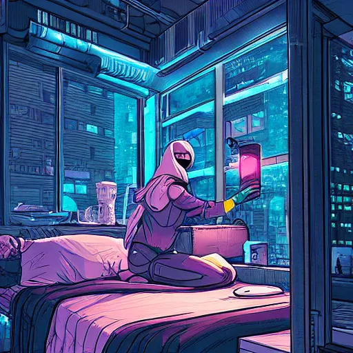 Prompt: cozy cyberpunk apartment room at night, cozy lighting, josan gonzalez