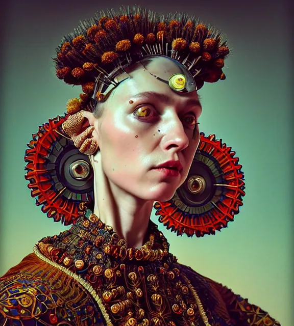 Image similar to colour caravaggio style photography of highly detailed beautiful woman with 1 0 0 0 years perfect face and wearing detailed ukrainian folk costume designed by taras shevchenko also wearing highly detailed retrofuturistic sci - fi neural interface designed by josan gonzalez. many details in style of josan gonzalez and mike winkelmann and andgreg rutkowski and alphonse muchaand