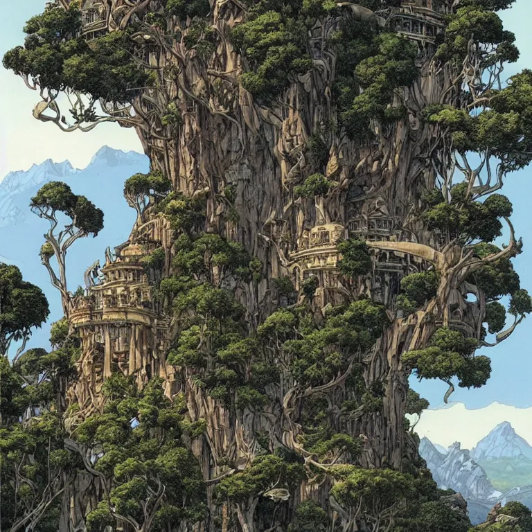 Image similar to a surreal white castle surrounded by exotic trees on a tall mountain by moebius