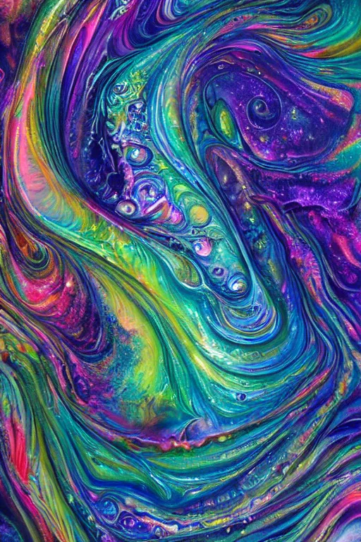 Image similar to ultra detailed acrylic pour fluid dynamics flow art a painting of a iridescent nebular with a colorful swirl shimmering with pearlescence, acrylic marbling art by sam spratt, rhads, deviantart, psychedelic art, psychedelic, cosmic nebula, chromatic