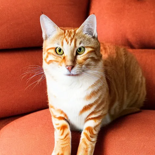 Image similar to an orange lazy tabby cat on a sofa studio lighting goofy foggy