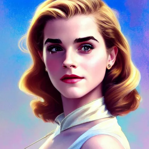 Image similar to A combination of Grace Kelly's and Emma Watson's and Katherine McNamara's faces as Super Girl, western, D&D, fantasy, intricate, elegant, highly detailed, digital painting, artstation, concept art, matte, sharp focus, illustration, art by Artgerm and Greg Rutkowski and Alphonse Mucha